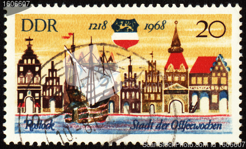 Image of Old German town Rostock on post stamp