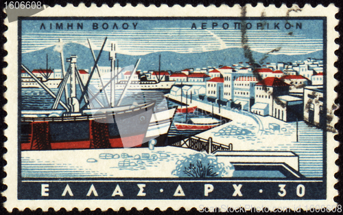 Image of Volos harbor in Greece on post stamp