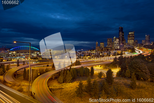 Image of Seattle City Skyline at Blue Hour