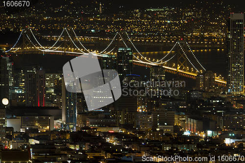 Image of San Francisco Cityscape with Oakland Bay Bridge at Night