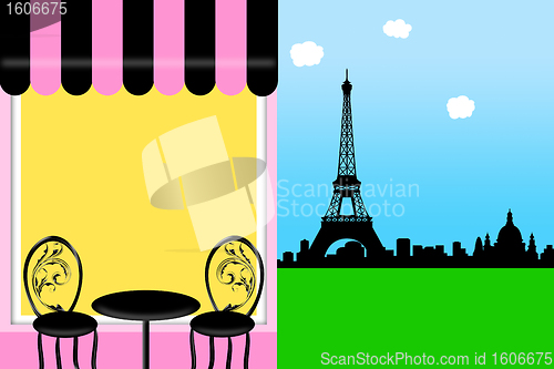 Image of Cafe Bistro in Paris with Eiffel Tower Illustration