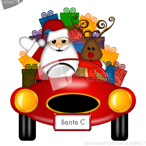 Image of Santa and Reindeer in Red Sports Car with Presents