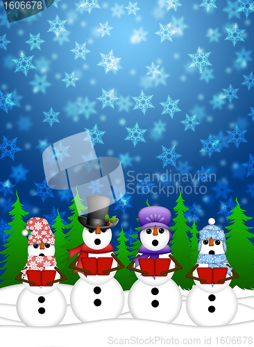 Image of Snowman Carolers Singing with Winter Snowing Scene Illustration