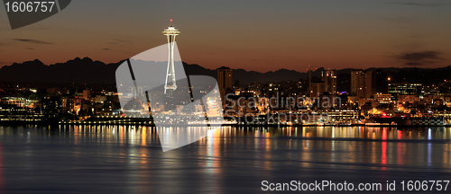Image of Seattle Skyline at Night by the Pier Panorama