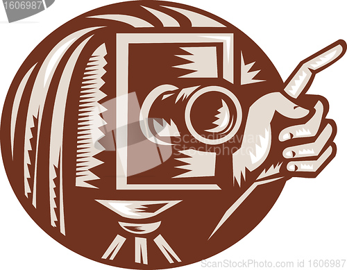 Image of Vintage Camera Hand Pointing Retro Woodcut