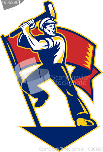 Image of Worker With Sledge Hammer And Flag Retro