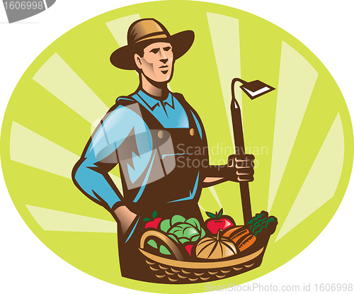 Image of Farmer With Garden Hoe And Basket Crop Harvest