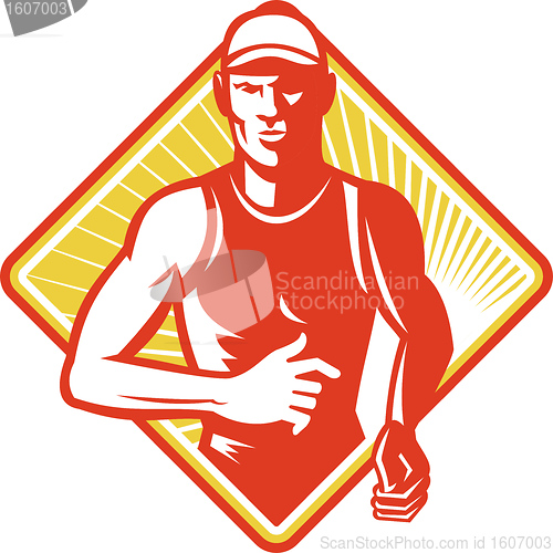 Image of Male Marathon Runner Running Retro Woodcut