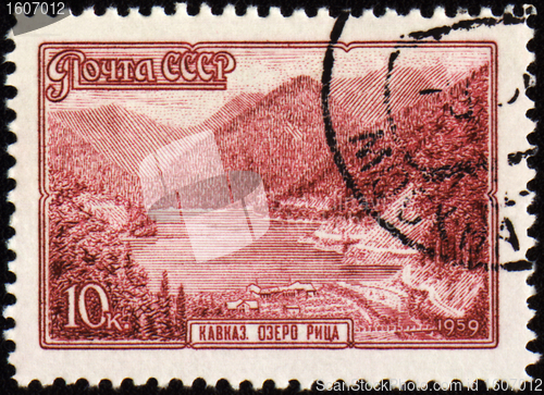 Image of Lake Riza in Caucasus on post stamp