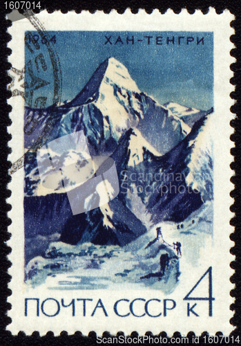 Image of Khan Tengri peak in Central Tien Shan on post stamp