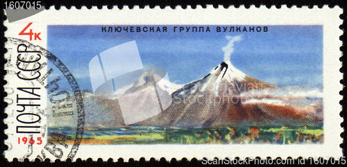 Image of Kluchevskoj volcano in Kamchatka on post stamp