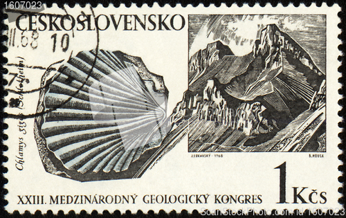 Image of Mountains and mollusc fossil on post stamp