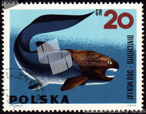 Image of Prehistoric fish Dinichthys on post stamp