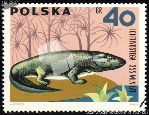 Image of Dinosaur Ichthyostega on post stamp