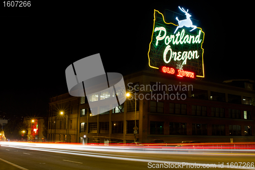 Image of Historic Portland Oregon Old Town Sign Light Trails