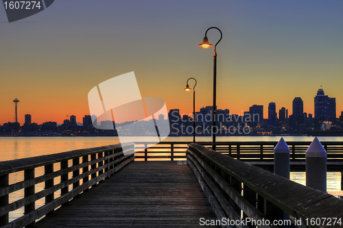 Image of Seattle Skyline from the Pier at Sunrise