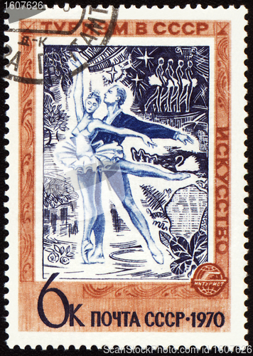 Image of Russian ballet dancers on post stamp