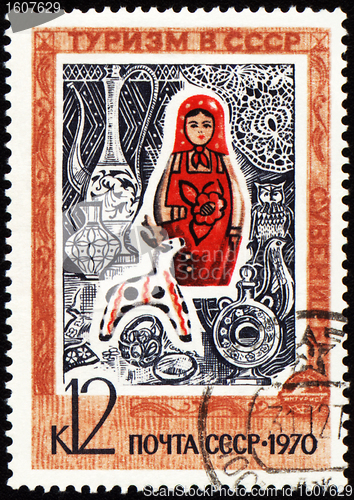 Image of Russian souvenirs on post stamp