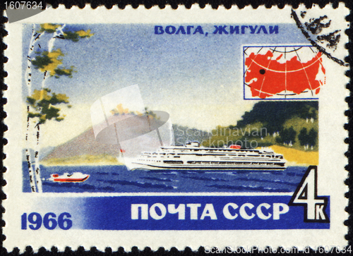 Image of Passenger ship at Volga river on post stamp