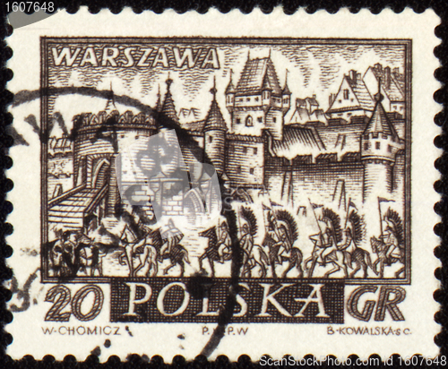 Image of Medieval town of Warsaw on post stamp