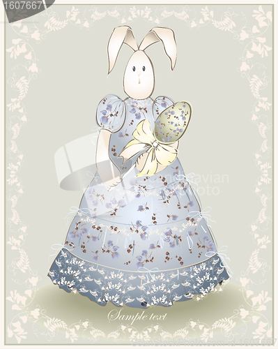 Image of Easter card.  Illustration of an easter rabbit with egg. Illustration lace.