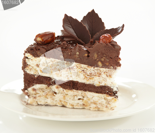 Image of chocolate and hazelnuts cake, selective focus