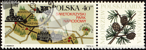 Image of Swietokrzyski national park on Polish post stamp