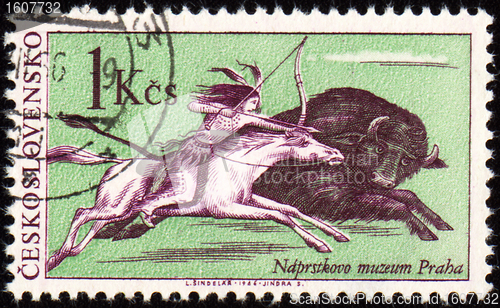 Image of Injun buffalo hunting on post stamp