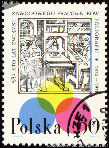 Image of Medieval printing office on post stamp