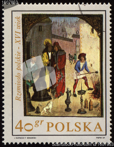 Image of Cottage industry in medieval town on post stamp