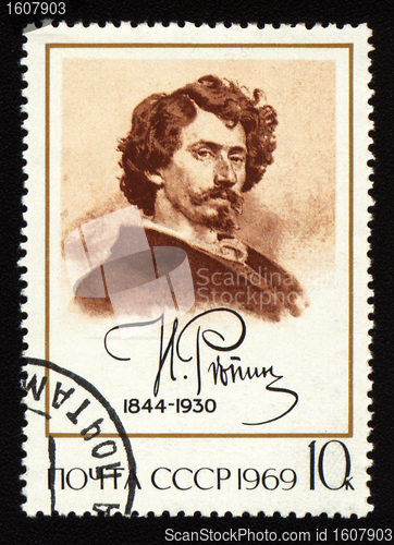 Image of Portrait of russian painter Repine on post stamp