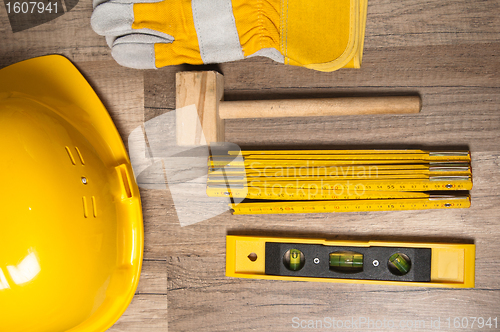 Image of Working tools on a board, a close up