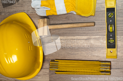 Image of Working tools on a board, a close up