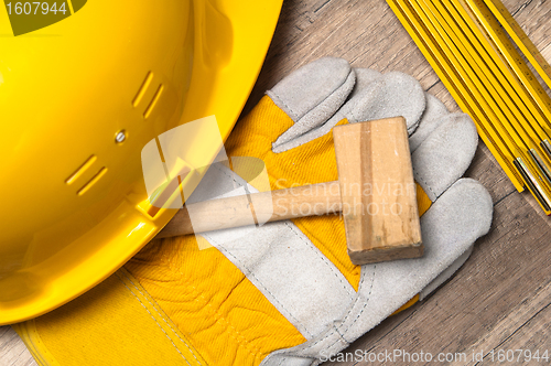 Image of Working tools on a board, a close up