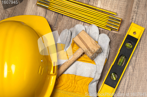 Image of Working tools on a board, a close up