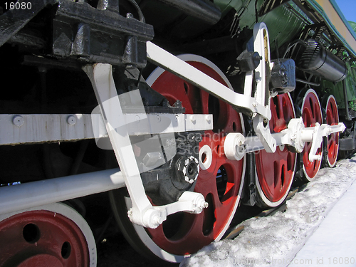 Image of Red wheels of old russian  locomotive