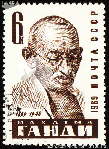 Image of Mohandas Karamchand Gandhi portrait on postage stamp