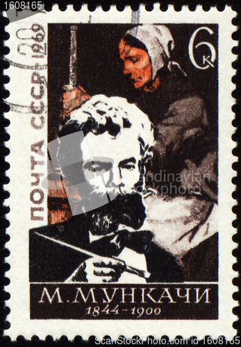 Image of Portrait of Hungarian painter Munkacsy Mihaly on post stamp