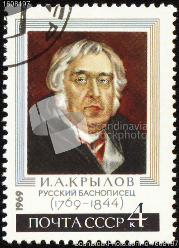 Image of Russian fabulist Ivan Krylov on postage stamp