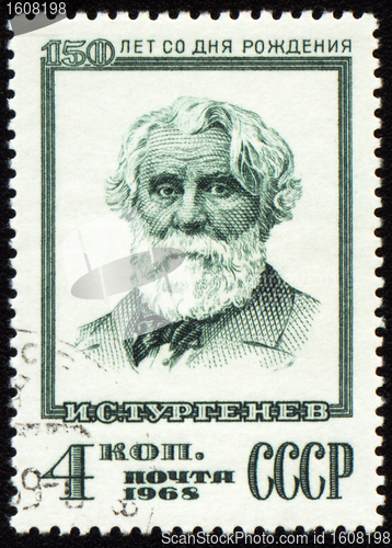 Image of Russian writer Ivan Turgenev on postage stamp