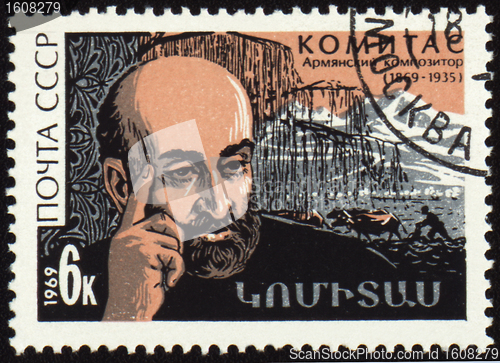 Image of Armenian composer Komitas on postage stamp