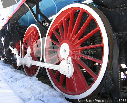 Image of Red wheels of old russian  locomotive