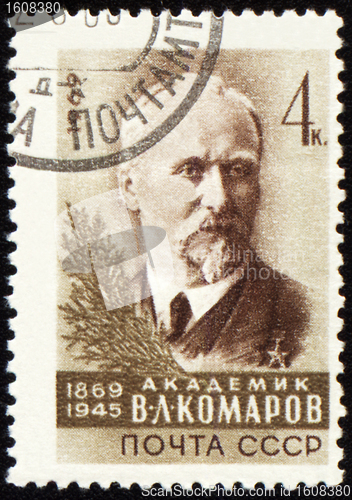 Image of Russian academician Vladimir Komarov on post stamp