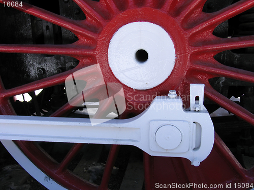Image of Red wheels of old russian  locomotive