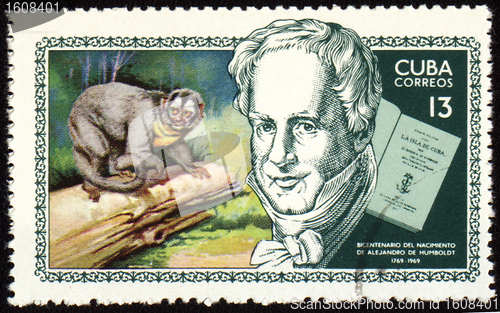 Image of Alexander von Humboldt and monkey on post stamp