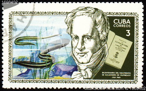 Image of Alexander von Humboldt and sea-eel on post stamp