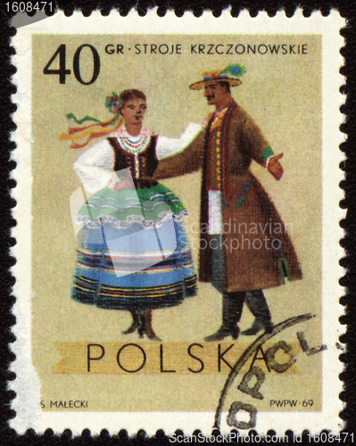 Image of Polish folk dancers from Krzczonowskie region on post stamp