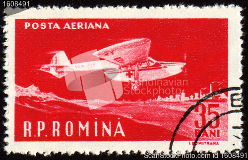 Image of Flying vintage medical amphibian on post stamp