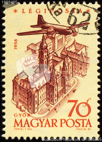 Image of Flying plane over the Gyor on post stamp