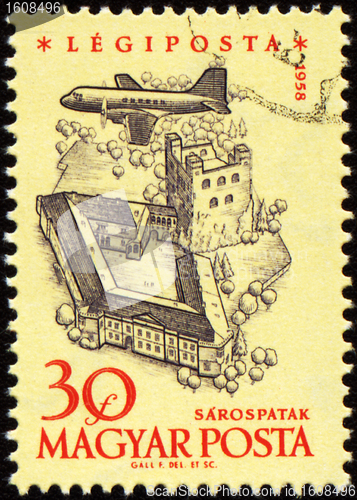 Image of Flying plane over the medieval castle on post stamp